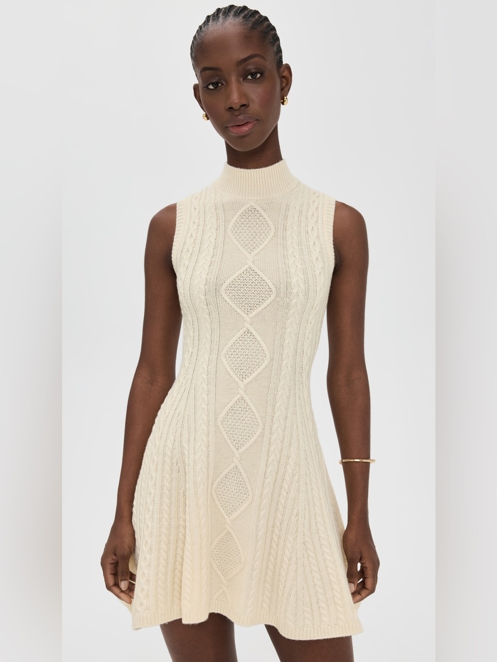 new Staud CHARADE IVORY SLEEVELESS CABLE KNIT SWEATER DRESS wool blend cream